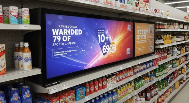 Shelf edge LCD display driving in-store sales lift for promoted beverages Bar-type LCD screen on supermarket shelf edge showing animated beverage promotion next to product