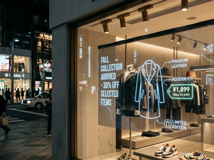 See through LCD screen display installed in a retail store storefront showing digital promotional content overlaid on physical merchandise under controlled lighting